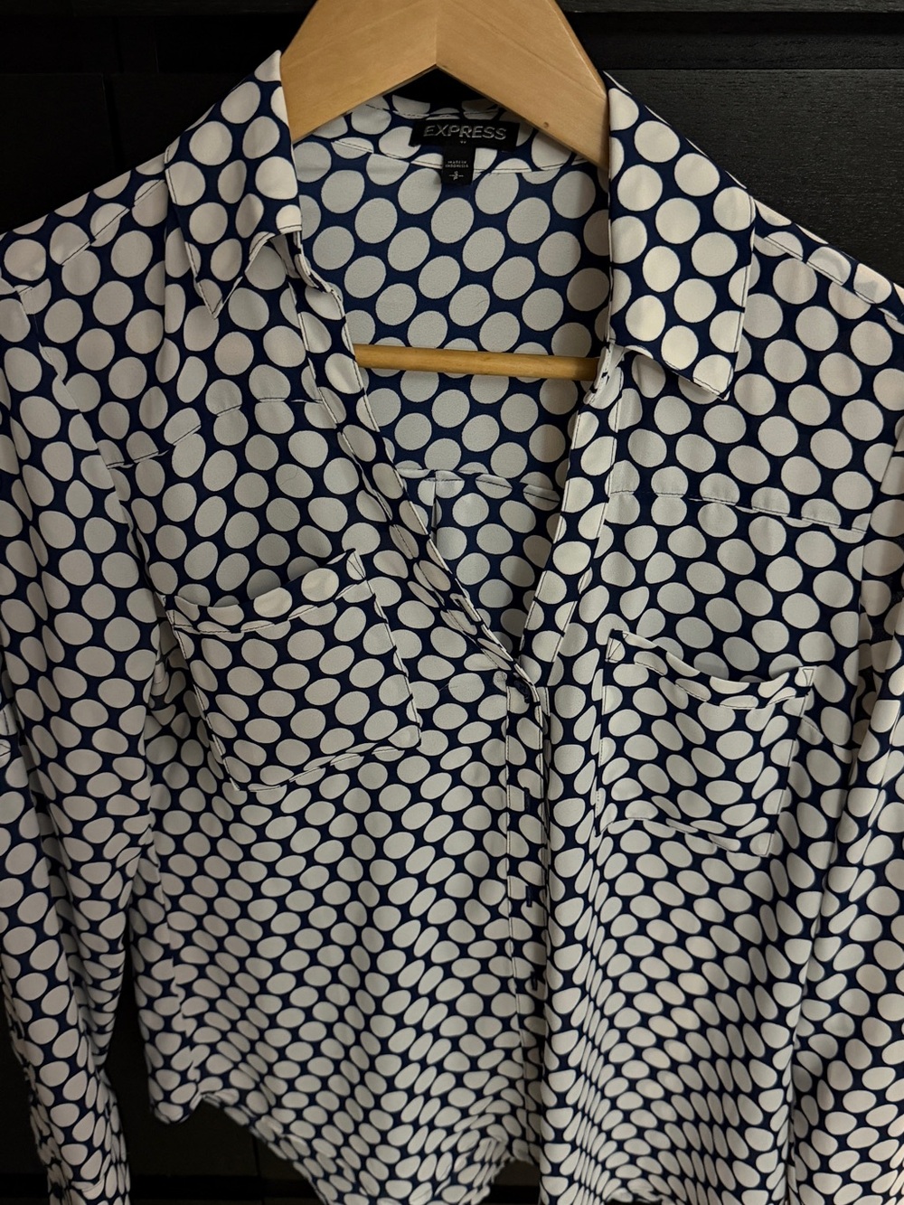 Express Navy and White Polka Dot Collared Shirt
